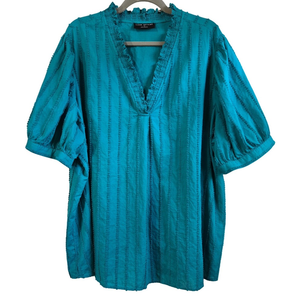 Lane‎ Bryant Boho Teal Blue Tufted Stripe Ruffle V-Neck Cotton Blouse Plus Sz 22